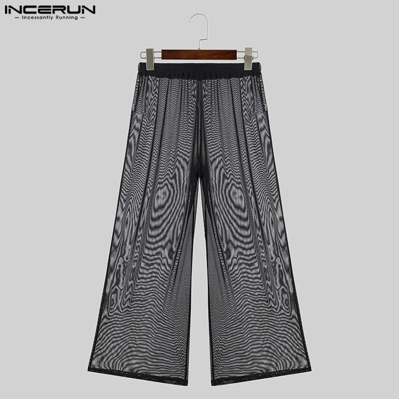 Mens Party Nightclubs Trousers INCERUN 2024 American Style Stylish Sexy Male Glittering Fabric Perspective Thin Long Pants S-5XL