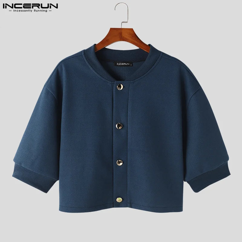 INCERUN Tops 2024 Korean Style Men Loose Shoulder Sleeve Jacket Coats Fashion Solid Cropped Long Sleeved Cardigan Jackets S-5XL