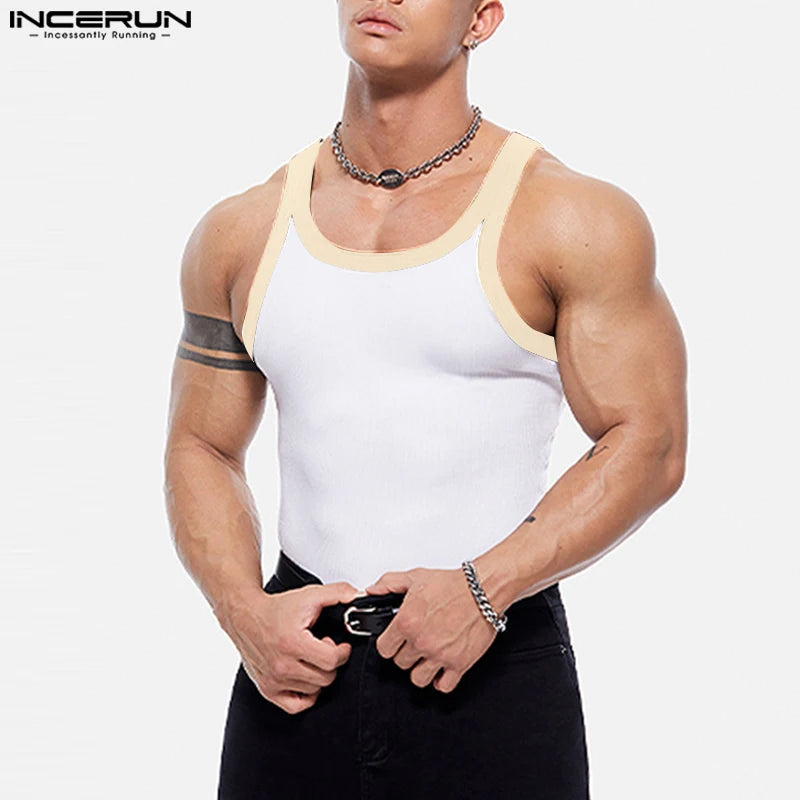 INCERUN Tops 2024 Style Coréen Mode Hommes Sexy Col Serré Contraste Couleur Gilets Été Streetwear Sans Manches Débardeurs S-5XL