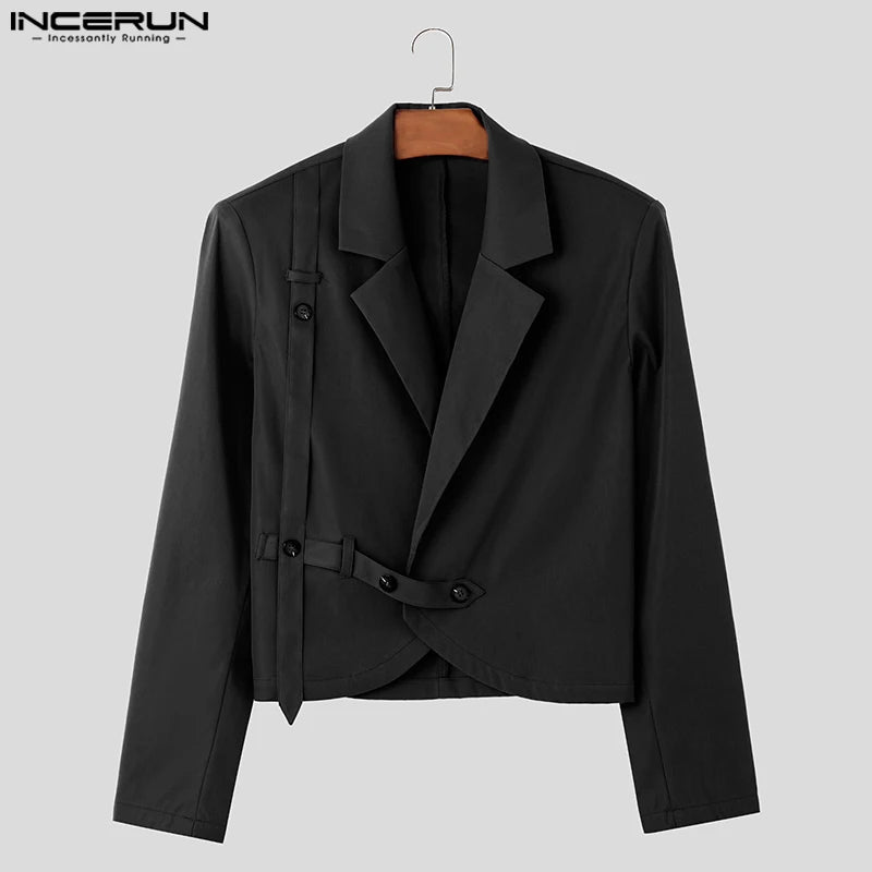 INCERUN Tops 2023 Korean Style Handsome Men's Shoulder Pads Solid Cropped Blazer Casual Streetwear Long Sleeved Suit Coats S-5XL