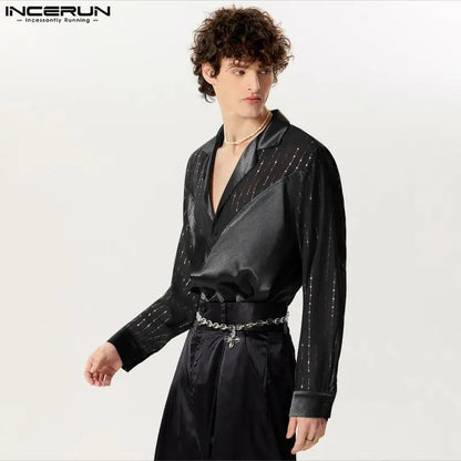 INCERUN Tops 2024 Style Américain Mode Hommes Paillettes Paillettes Col V Patchwork Chemises Décontractées Fête Spectacles Chemisier À Manches Longues S-5XL