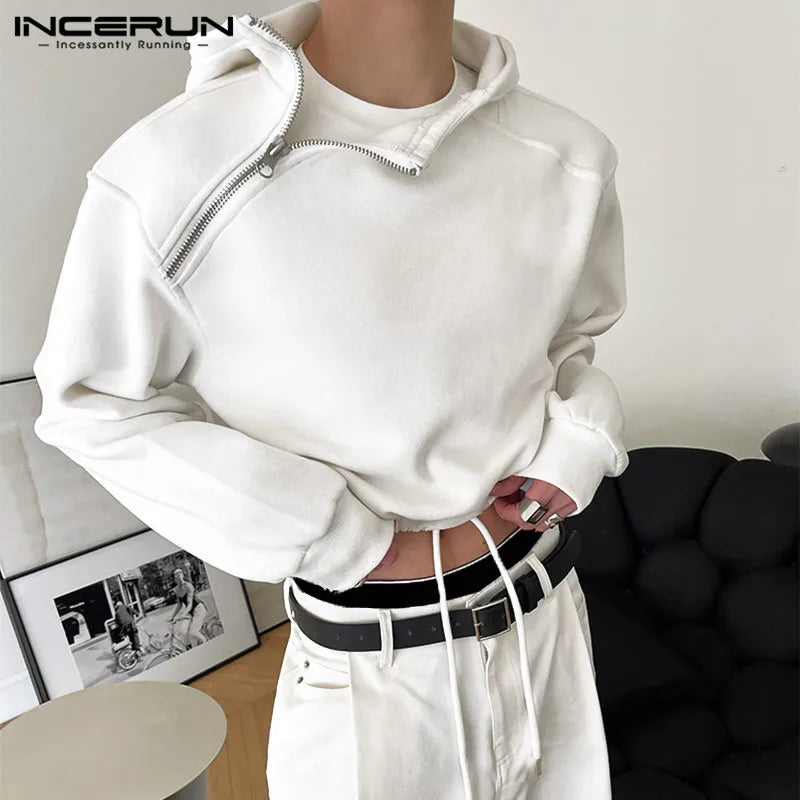 INCERUN Tops 2023 Style coréen Nouveaux hommes taille haute cordon de serrage à capuche décontracté streetwear solide tout-match sweat-shirts zippés S-5XL