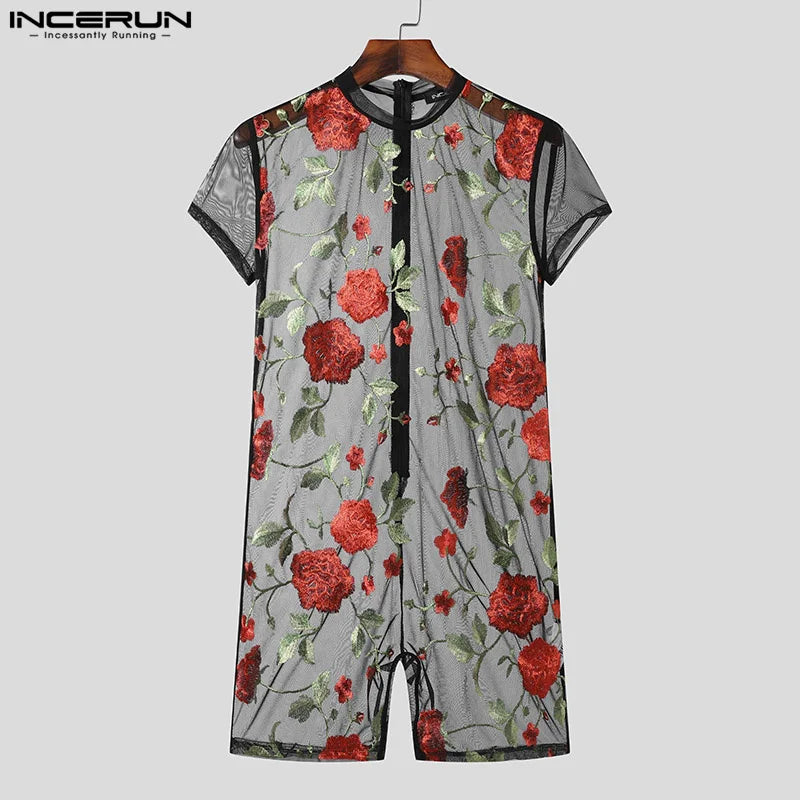 INCERUN Herren Bodysuits Mesh Transparent O-Ausschnitt Kurzarm Mode Strampler Sexy 2024 Blumenstickerei Unisex Playsuits S-5XL