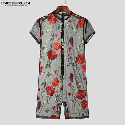 INCERUN Men's Bodysuits Mesh Transparent O-neck Short Sleeve Fashion Rompers Sexy 2024 Flower Embroidery Unisex Playsuits S-5XL