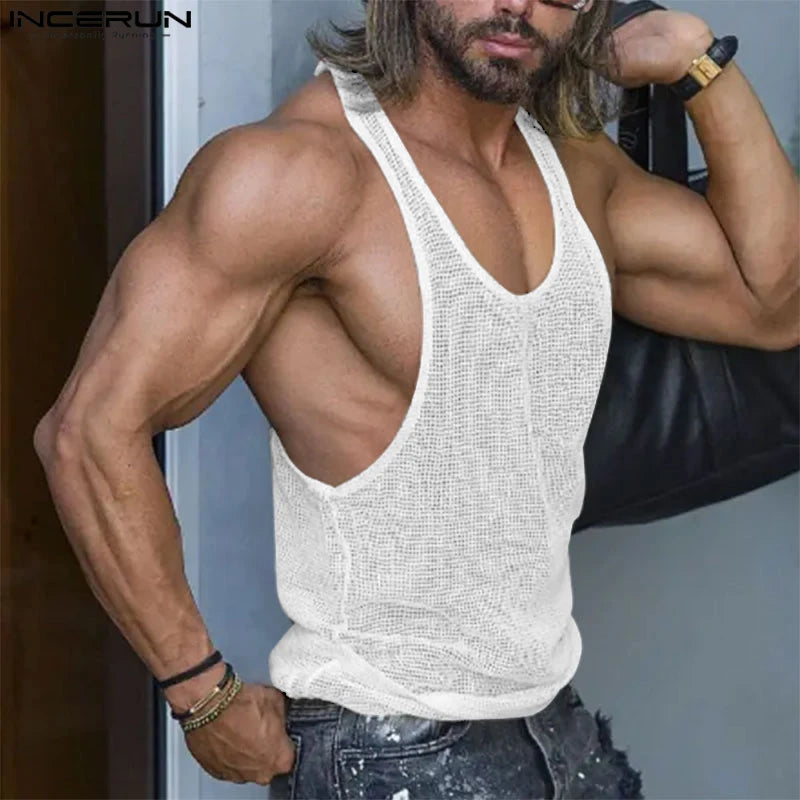 Sexy Stylish Style Tops INCERUN Mens Casual See-through Mesh Waistcoat Male Sports Hollowed Out Sleeveless Thin Vests S-5XL 2023