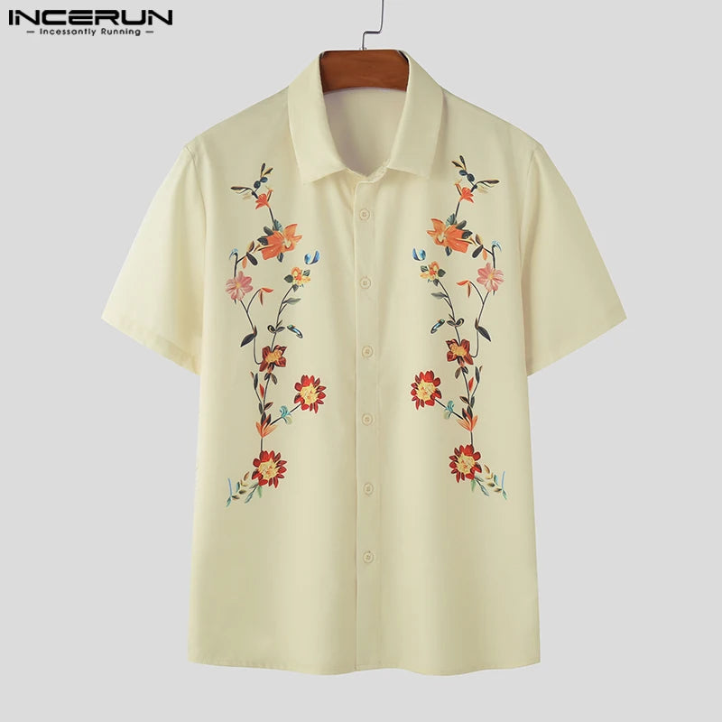 INCERUN Tops 2024 Korean Style Stylish Men's Personality Printed Floral Shirt Summer Streetwear Short Sleeved Lapel Blouse S-5XL