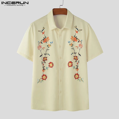 INCERUN Tops 2024 Korean Style Stylish Men's Personality Printed Floral Shirt Summer Streetwear Short Sleeved Lapel Blouse S-5XL