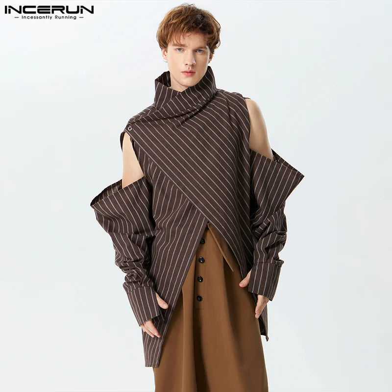 2024 Men Irregular Shirt Striped Turtleneck Long Sleeve Off Shoulder Loose Men Clothing Streetwear Casual Camisas S-5XL INCERUN