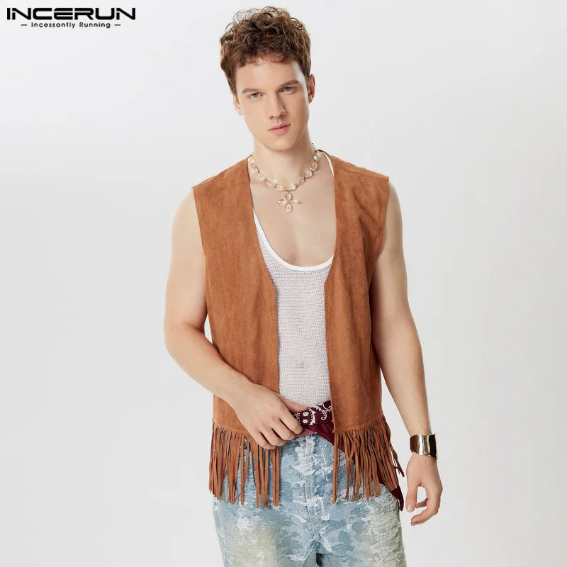 Summer Stylish Tops INCERUN Handsome Men's Suede Tassel Design Vests Casual Streetwear Male Solid Cardigan Waistcoats S-5XL 2024