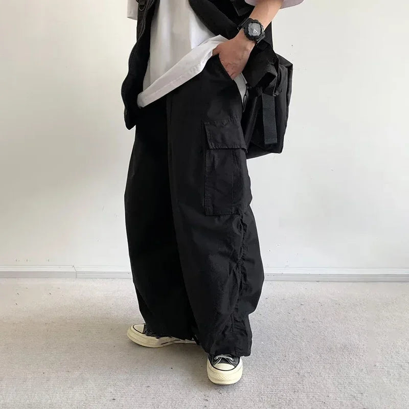 HOUZHOU Japanese Wide Leg Cargo Pants Men Vintage Oversize Cargo Trousers Male Loose Casual Streetwear Hip Hop Pocket Autumn