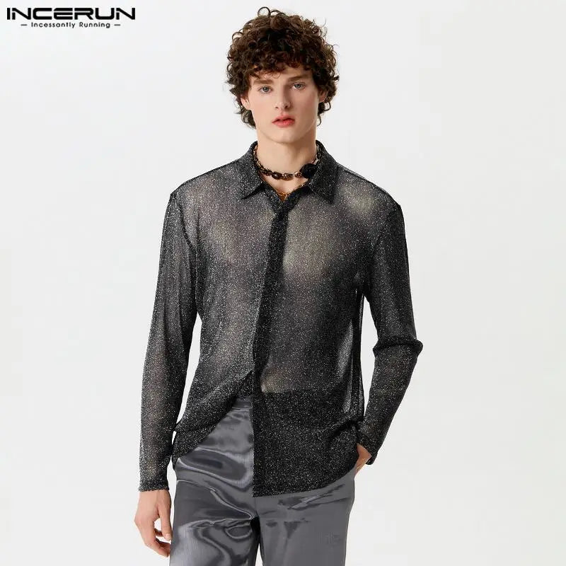 INCERUN Tops 2024 Sexy Casual Men's Slightly Translucent Flash Fabric Shirts Fashion Personality Thin Long Sleeved Blouse S-5XL