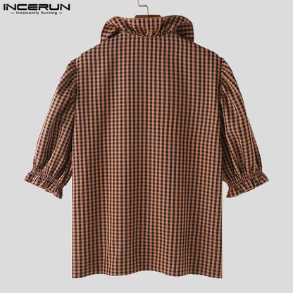 INCERUN Tops 2024 American Style Fashion Men's Doll Collar Plaid Shirt Casual Clubwear Male Hot Sale Medium Sleeved Blouse S-5XL