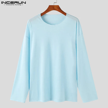 INCERUN Tops 2024 Korean Style Fashion Men's Texture Knitted T-shirt Casual Simple Solid Comfortable Long Sleeved Camiseta S-5XL