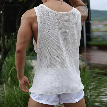 Männer Tank Tops Mesh Transparent Oansatz Ärmelloses Atmungsaktiv Sexy Männlichen Westen Solide Mode Streetwear 2023 Männer Kleidung INCERUN