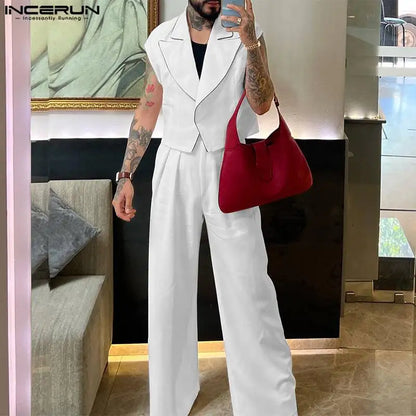 INCERUN Hommes Ensembles Couleur Unie Streetwear Revers Gilets Sans Manches Et Pantalons Droits Deux Pièces Ensembles 2024 Mode Hommes Costumes Décontractés