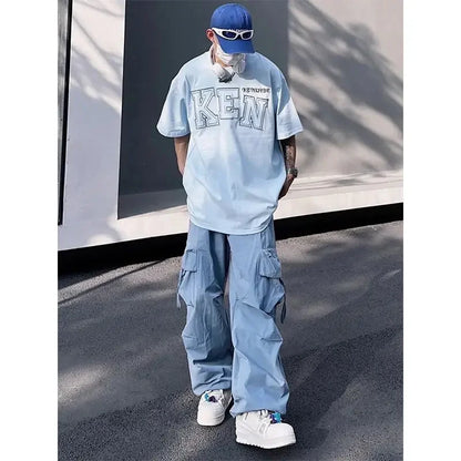 HOUZHOU Y2K Cargohose für Herren Hip Hop Harajuku Fallschirm-Cargohose Männlich Blau Japanisch Locker Lässig Streetwear Hip Hop