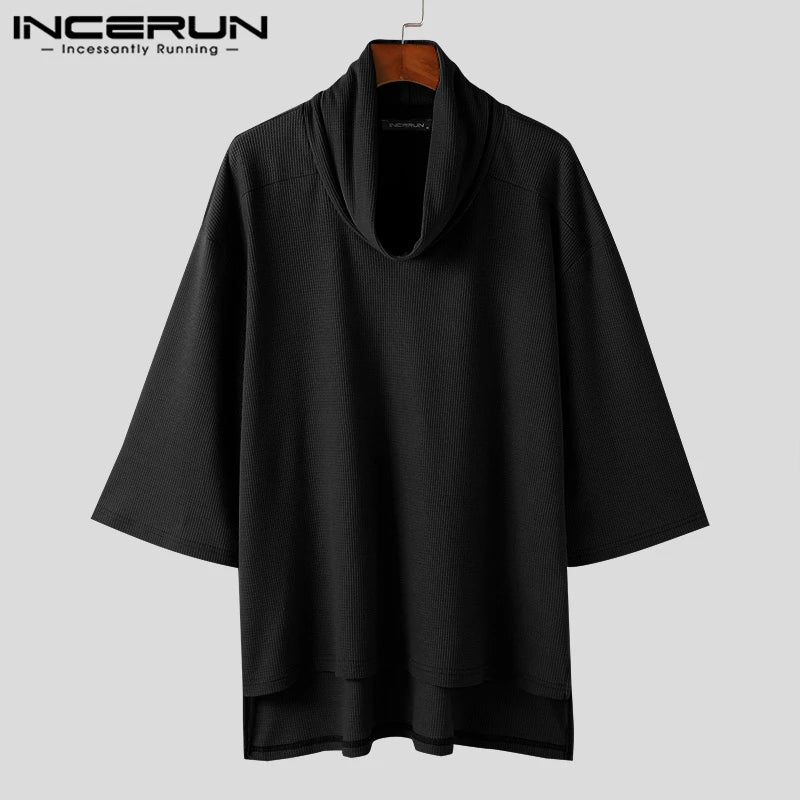 INCERUN Tops 2024 Korean Style Fashion Men's Scarf Pile Collar Design T-shirts Casual Solid Three-quarter Sleeved Camiseta S-5XL