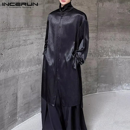 INCERUN Tops 2024 Korean Style New Men Satin Texture High Neck Shirts Casual Well Fitting Solid Medium Long Sleeved Blouse S-5XL