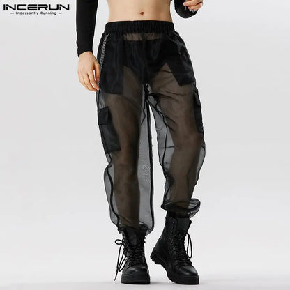 INCERUN 2023 American Style Trousers Mens Party Shows Hot Sale Long Pants Sexy Solid Color See-through Mesh Thin Pantalons S-5XL