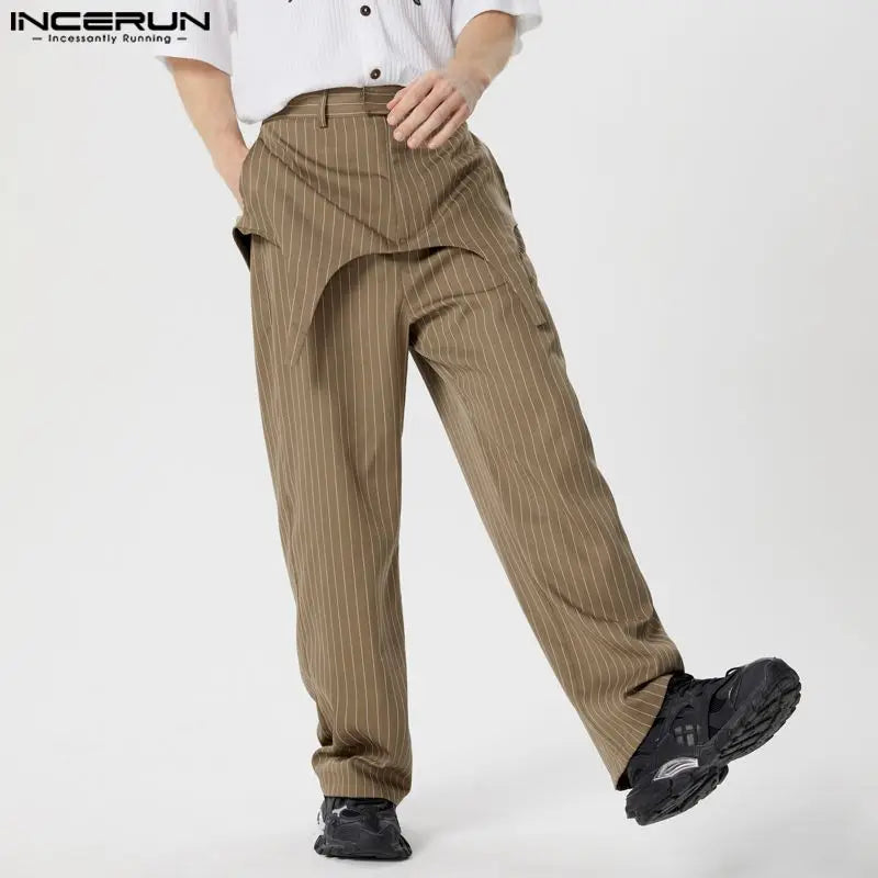 INCERUN 2024 Korean Style Trousers Men's Fashion Fake Two-piece Striped Straight Leg Pant Casual Streetwear Male Pantalons S-5XL