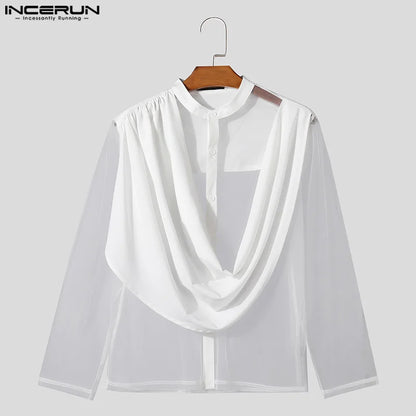 INCERUN Tops 2024 American Style New Mens Front Swing Collar Patchwork Mesh Shirts Casual Sexy Solid Medium Sleeved Blouse S-3XL