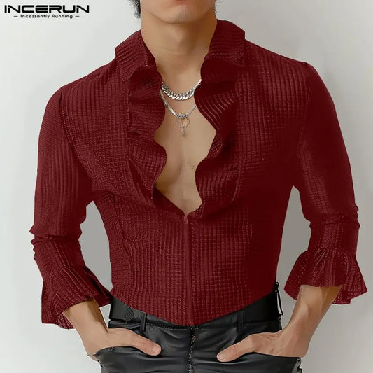 Handsome Well Fitting Tops INCERUN Men Ruffle Neck Texture Design Shirt Fashion Personality Male Solid Long Sleeved Blouse S-5XL