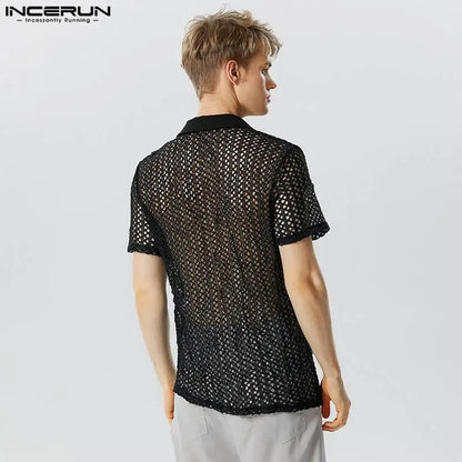 INCERUN Tops 2023 American Style Men's See-through Mesh Hollowed Shirts Casual Sexy Male Solid Short Sleeved Lapel Blouse S-5XL