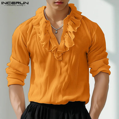 Fashion Casual Style Tops INCERUN Men Ruffle Edge Splicing Mesh Shirts Male Streetwear Solid All-match Long Sleeved Blouse S-5XL