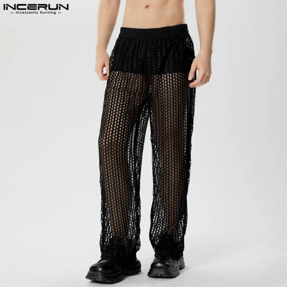 INCERUN 2024 Hosen im amerikanischen Stil Sexy Herren dünne hohle Mesh-Design lange Hosen Casual Party Show Hot Selling Pantalons S-5XL