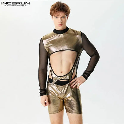 INCERUN 2024 Sexy gutaussehende Herren Loungewear Flash Stoff Spleißen Bodysuits Stilvolle männliche langärmelige hohle dünne Overalls S-5XL