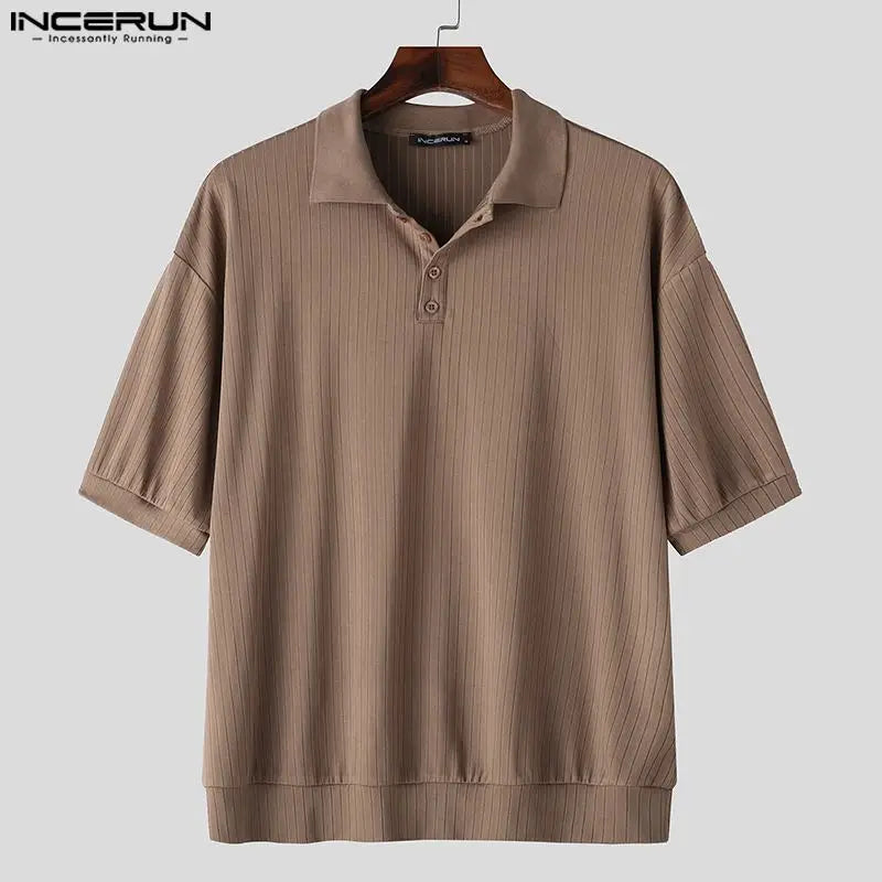 Fashion Casual Style Tops INCERUN Summer Men Lapel Collar Solid Striped Blouse Male Streetwear Simple Short Sleeved Shirts S-5XL