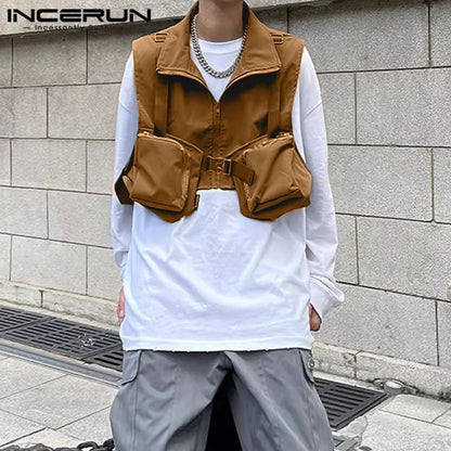 INCERUN Summer Autumn Men Vests Fashion Waistcoats Sleeveless Streetwear Cargo Loose Pockets Oversized Solid Zipper Men Clothing