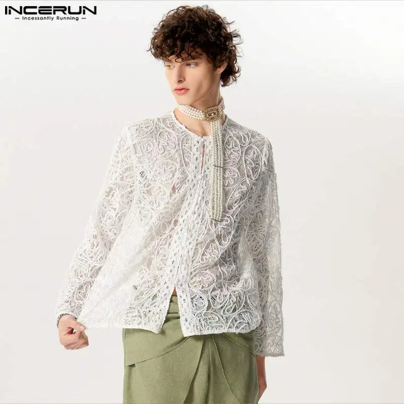 INCERUN Tops 2024 American Style Fashion Men Perspective Jacquard Button Shirts Casual Simple Long Sleeved Cardigan Blouse S-5XL