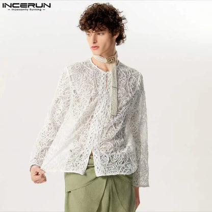 INCERUN Tops 2024 American Style Fashion Men Perspective Jacquard Button Shirts Casual Simple Long Sleeved Cardigan Blouse S-5XL