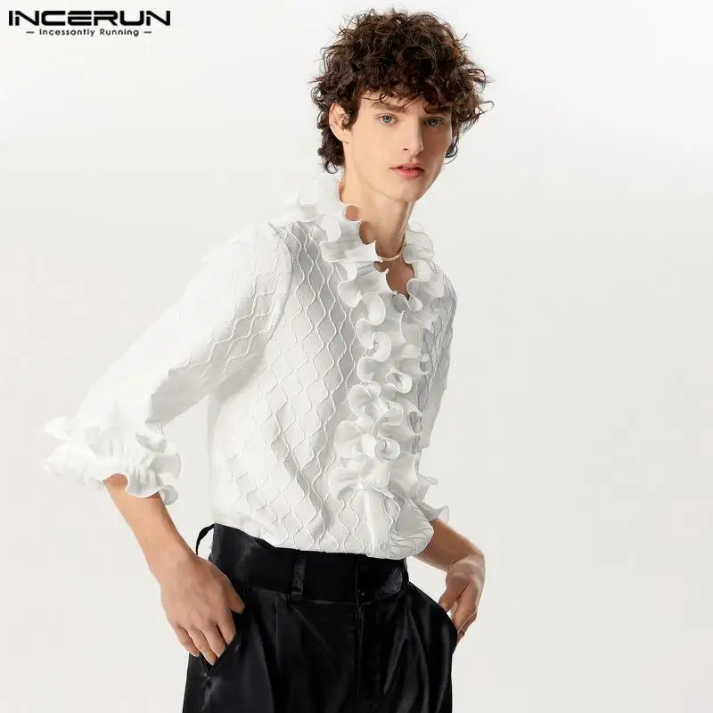 INCERUN Tops 2024 Hübsche Neue Männer der Rüschen Rand Patchwork Textur Shirts Männlichen Freizeit Streetwear Solide 3/4 Ärmel Bluse S-5XL