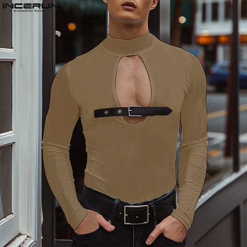 INCERUN Tops 2024 Sexy Men Leather Buckle Loop Hollow Knitted T-shirts Fashion Male Semi High Neck Solid Long Sleeved Tees S-5XL