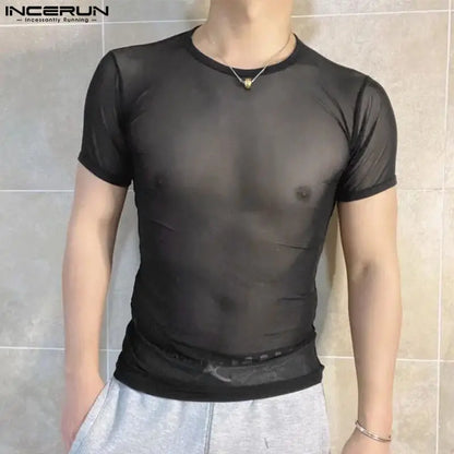 2024 Men T Shirts Mesh Transparent O-neck Short Sleeve Streetwear Men Clothing Solid Color Sexy Fashion Camisetas S-3XL INCERUN