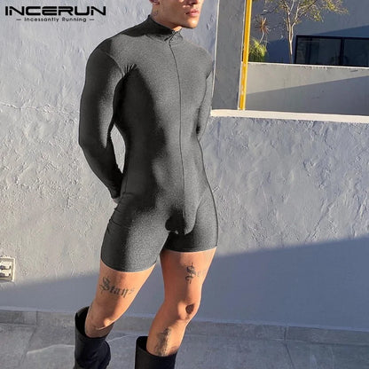 INCERUN 2023 American Style New Men Fashionable Half High Neck Solid Color Rompers Casual Sexy Male Long Sleeved Jumpsuits S-5XL