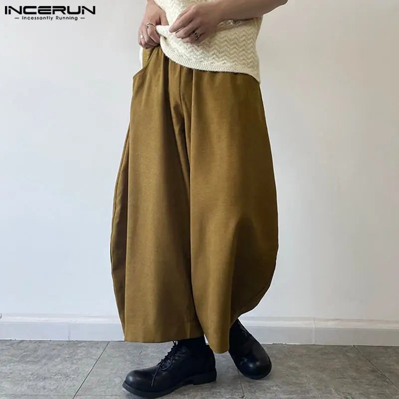 INCERUN 2024 Pantalon de style coréen pour hommes, nouveau pantalon ample et solide à jambes larges, mode masculine, pantalon court simple et solide S-5XL