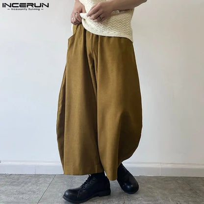 INCERUN 2024 Korean Style Trousers New Men's Leisure Loose Solid Wide Leg Pant Fashion Male Solid Simple Cropped Pantalons S-5XL