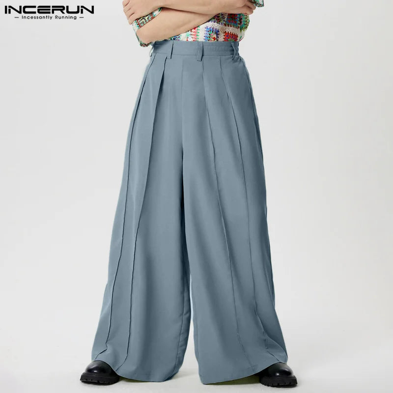 INCERUN 2024 Hose im amerikanischen Stil Neue Herrenhose mit weitem Bein und plissiertem Design, lange Hose, lässige Streetwear, einfarbige Pantalons, S-5XL