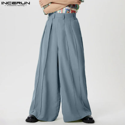 INCERUN 2024 American Style Trousers New Men's Wide Leg Pleated Design Long Pants Casual Streetwear Solid Color Pantalons S-5XL