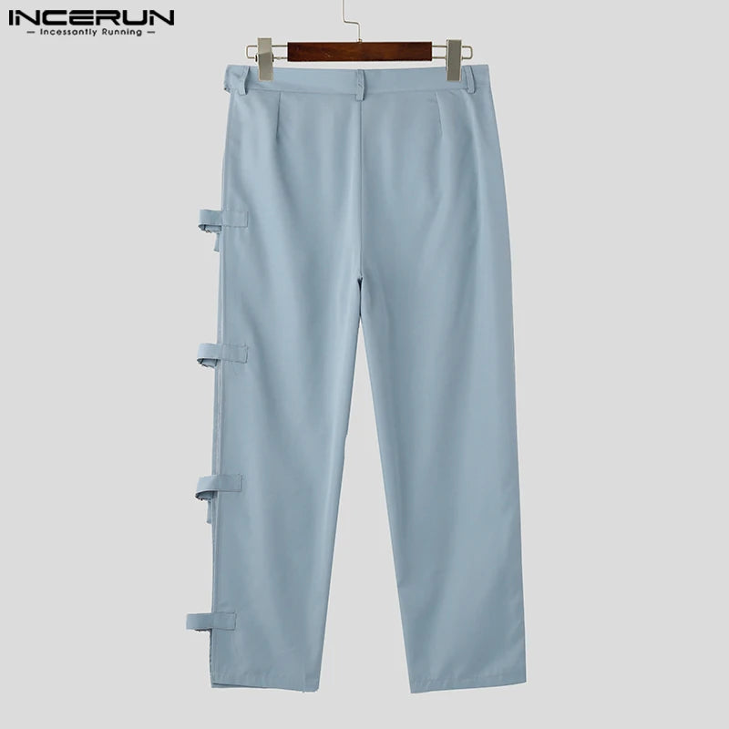 INCERUN 2024 American Style Men's Pantalons Casual Side Buckle Design Hollow Pants Leisure Streetwear Hot Selling Trousers S-5XL