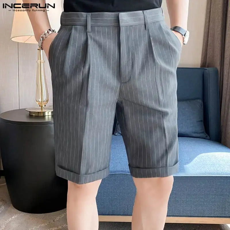 INCERUN 2023 Korean Style Men's Striped Business All-match Shorts Casual Streetwear Male Comfortable Straight Split Shorts S-5XL