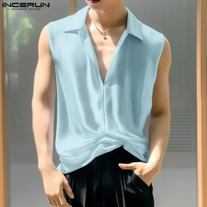 Handsome Well Fitting Tops INCERUN New Mens Stylish Satin Glossy Tank Tops Casual Streetwear V-neck Lapel Sleeveless Vests S-5XL