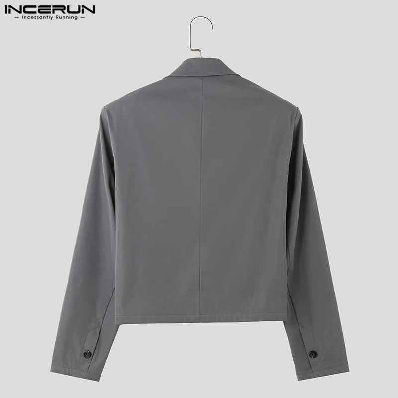 INCERUN Tops 2023 Korean Style Handsome Men's Shoulder Pads Solid Cropped Blazer Casual Streetwear Long Sleeved Suit Coats S-5XL