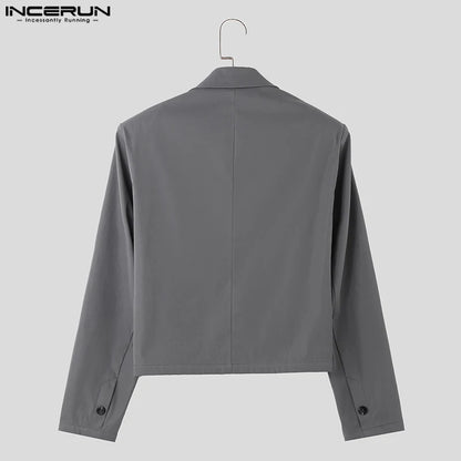 INCERUN Tops 2023 Korean Style Handsome Men's Shoulder Pads Solid Cropped Blazer Casual Streetwear Long Sleeved Suit Coats S-5XL