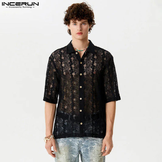 Fashion Well Fitting Tops INCERUN Handsome Men's Perspective Jacquard Shirts Casual Streetwear Lapel Short Sleeved Blouse S-5XL