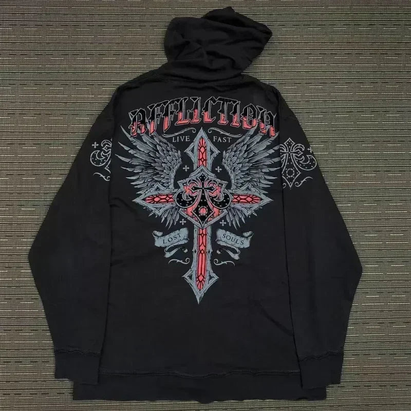 Affliction Street Hoodie Y2K Retro Gothic Totenkopf Übergroßer Reißverschluss Hoodie Herren Damen Hip Hop Casual Sweatshirt Persönlichkeit Hoodie