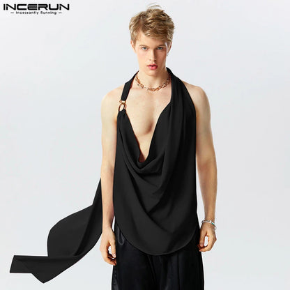 INCERUN Tops 2023 American Style Men's Loose Fitting Long-style Solid All-match Tank Tops Casual Party Swing Collar Vests S-5XL